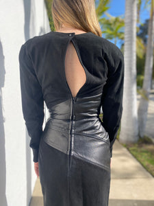 Vintage 80s Black Leather Dress, Long Sleeve 80s Dress