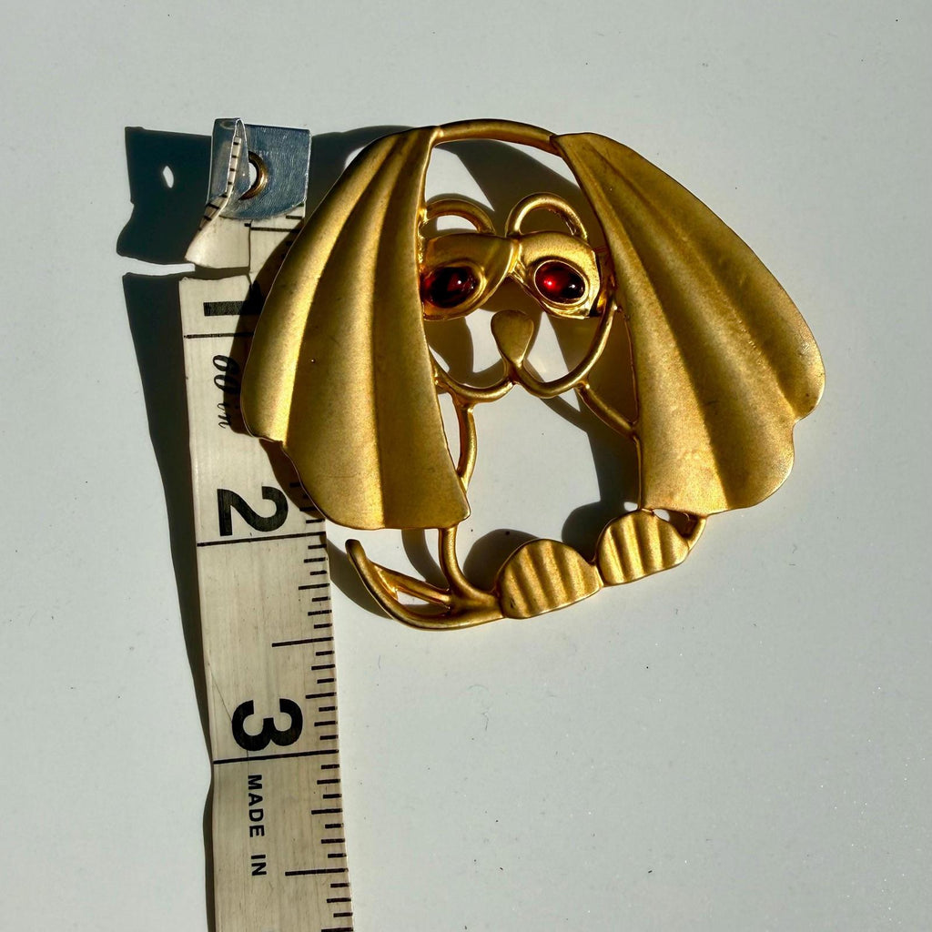 Vtg Dog Brooch Large | Gold Tone Puppy Pin | Art Deco Style Statement Jewelry
