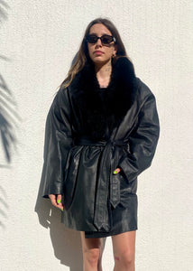 Vintage Black Leather Trench with Fur Trim