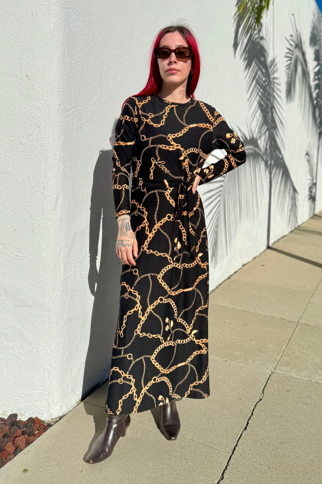 Vintage Long Sleeve Maxi Dress, Vintage Printed Dress, Selma Sam Chain Link Print Dress, Retro Mod Dress, Size Small