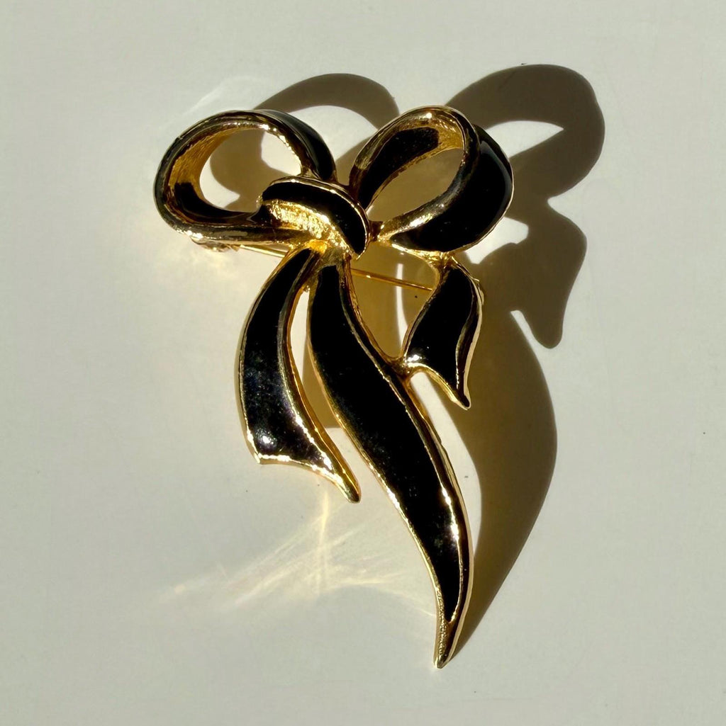 Black & Gold Bow Brooch | Vintage Statement Pin | Elegant Retro Jewelry