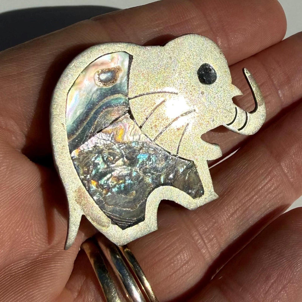 Silver Elephant Brooch | Abalone Inlay Pin | Vintage Artisan Jewelry