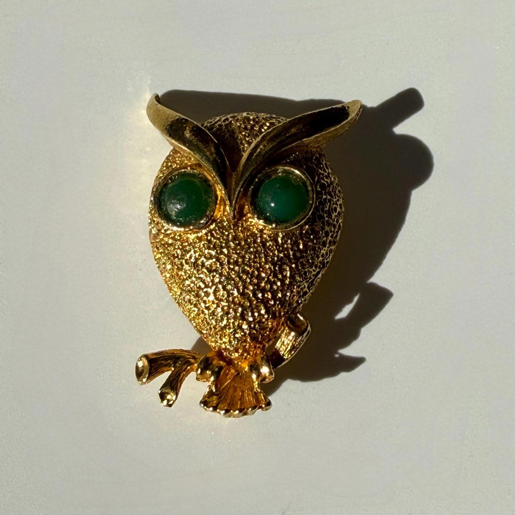 Vintage Owl Brooch | Figural Green Eye Pin | Mid Century Modern Jewelry