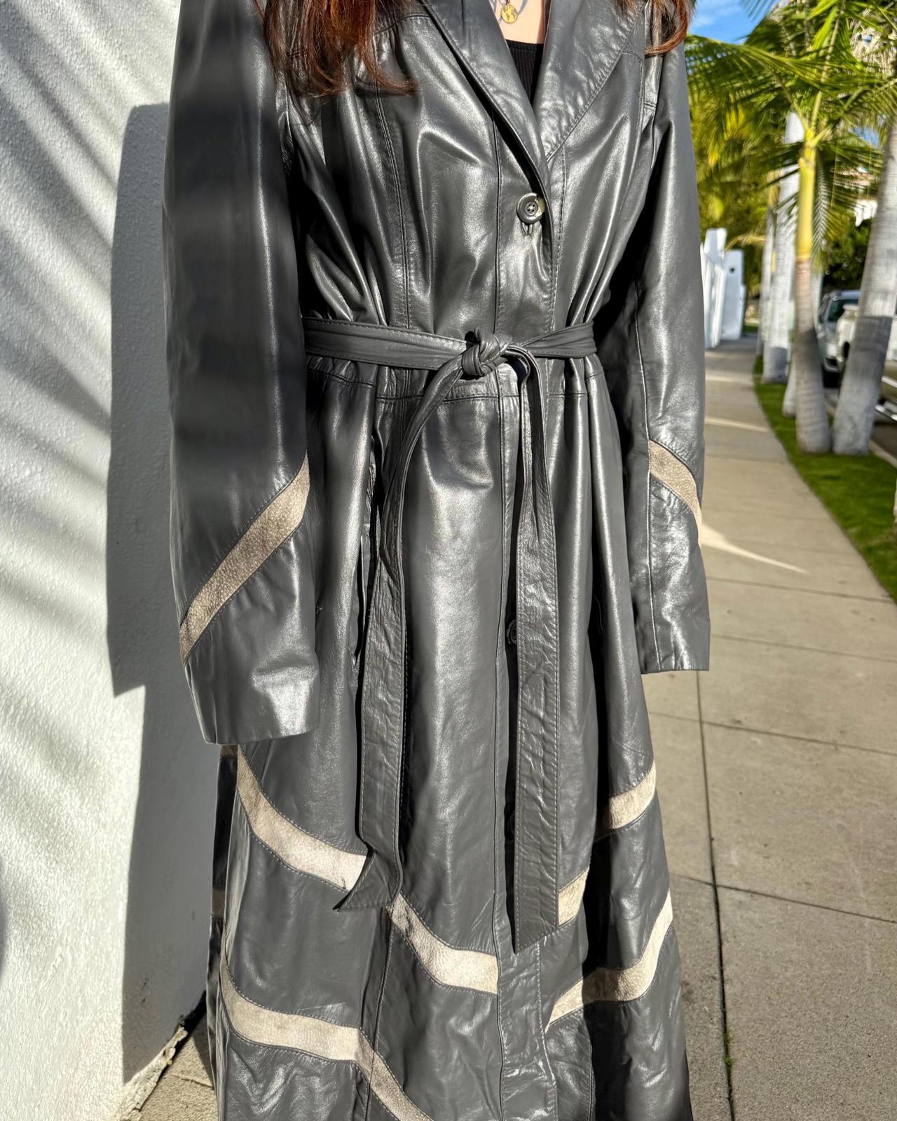 VTG 70s Gray Leather Trench Coat Size XL