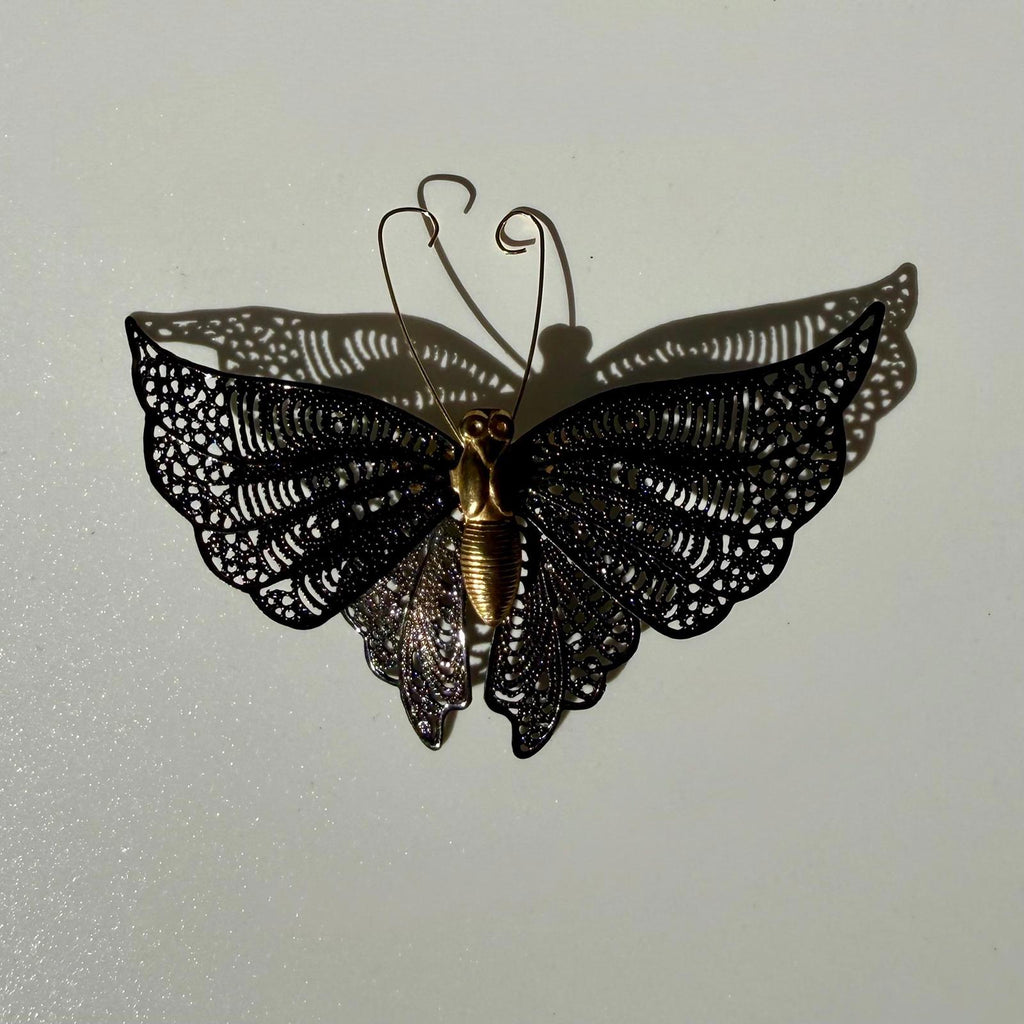 Vintage Black Butterfly Brooch | Gold Tone with Filigree Wings | Vintage Gift
