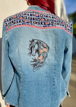 Load image into Gallery viewer, Vintage Denim Jacket with Embroidered Horse on Back
