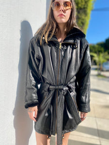 Vintage Black Leather Parka with Hood