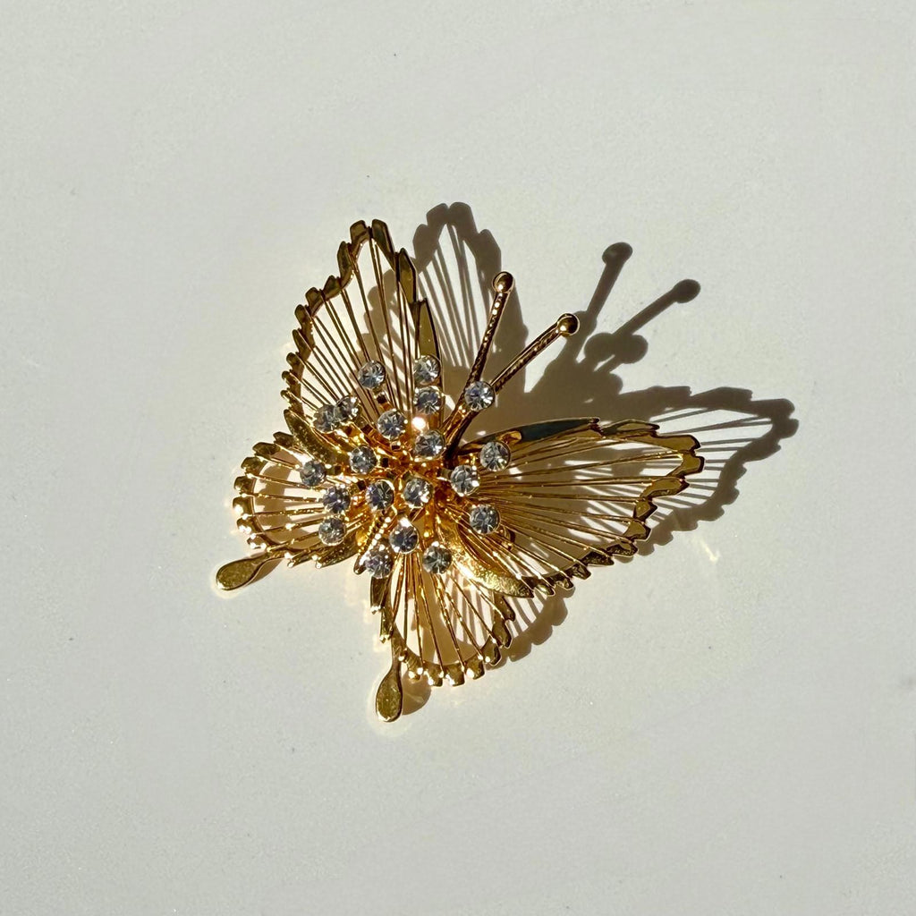 Signed Monet Butterfly Brooch | Gold Tone Rhinestone | Vintage Gift