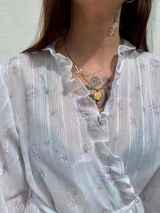 VTG 70s White Floral Print Robe Ruffles Sweet Romantic Cotton Robe with Flowers