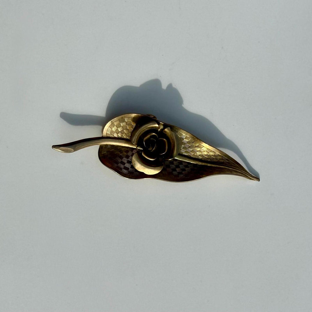 Vintage Leaf Brooch with Rose | Gold Tone Pin