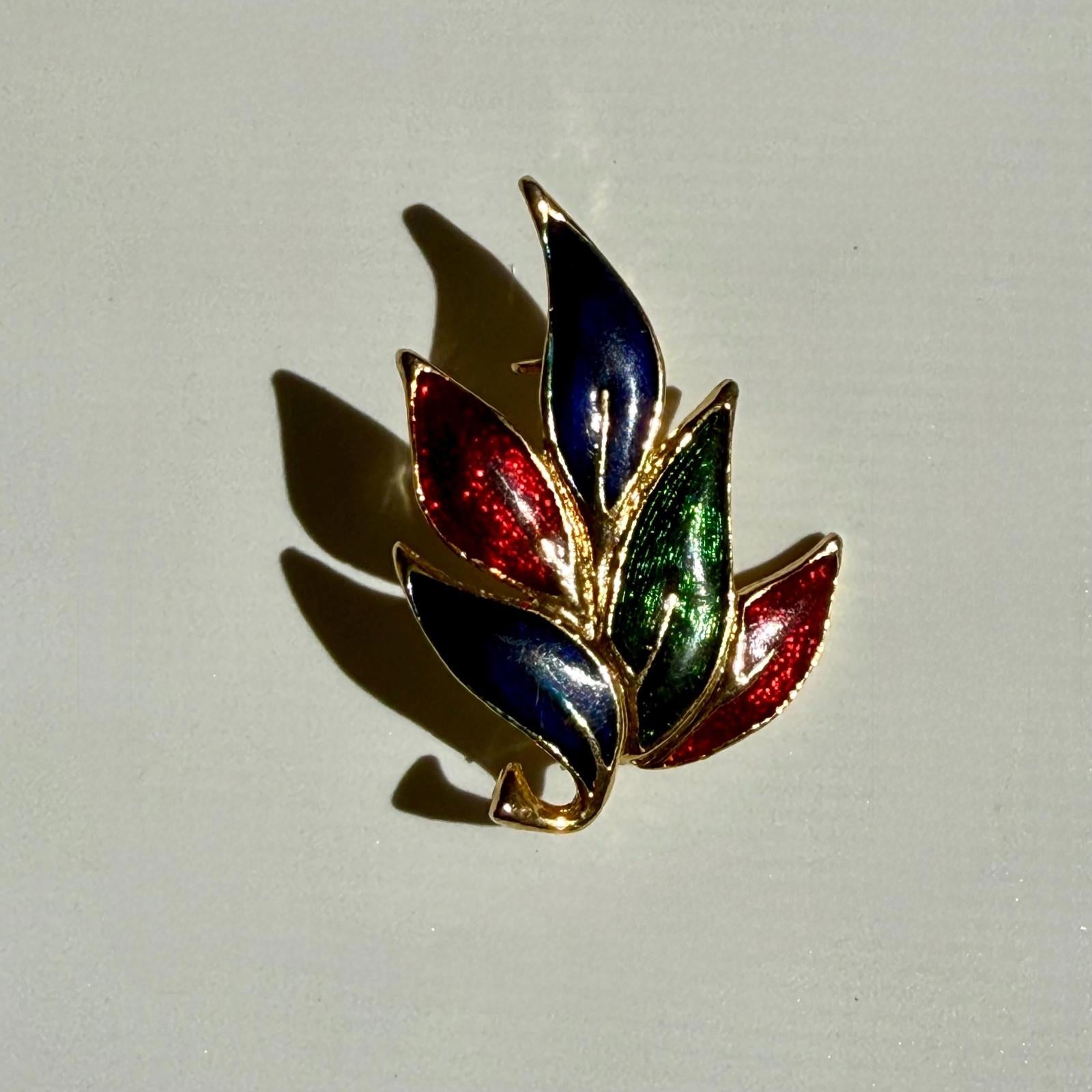 Vintage Leaf Brooch | Multicolor Enamel Gold Tone Pin