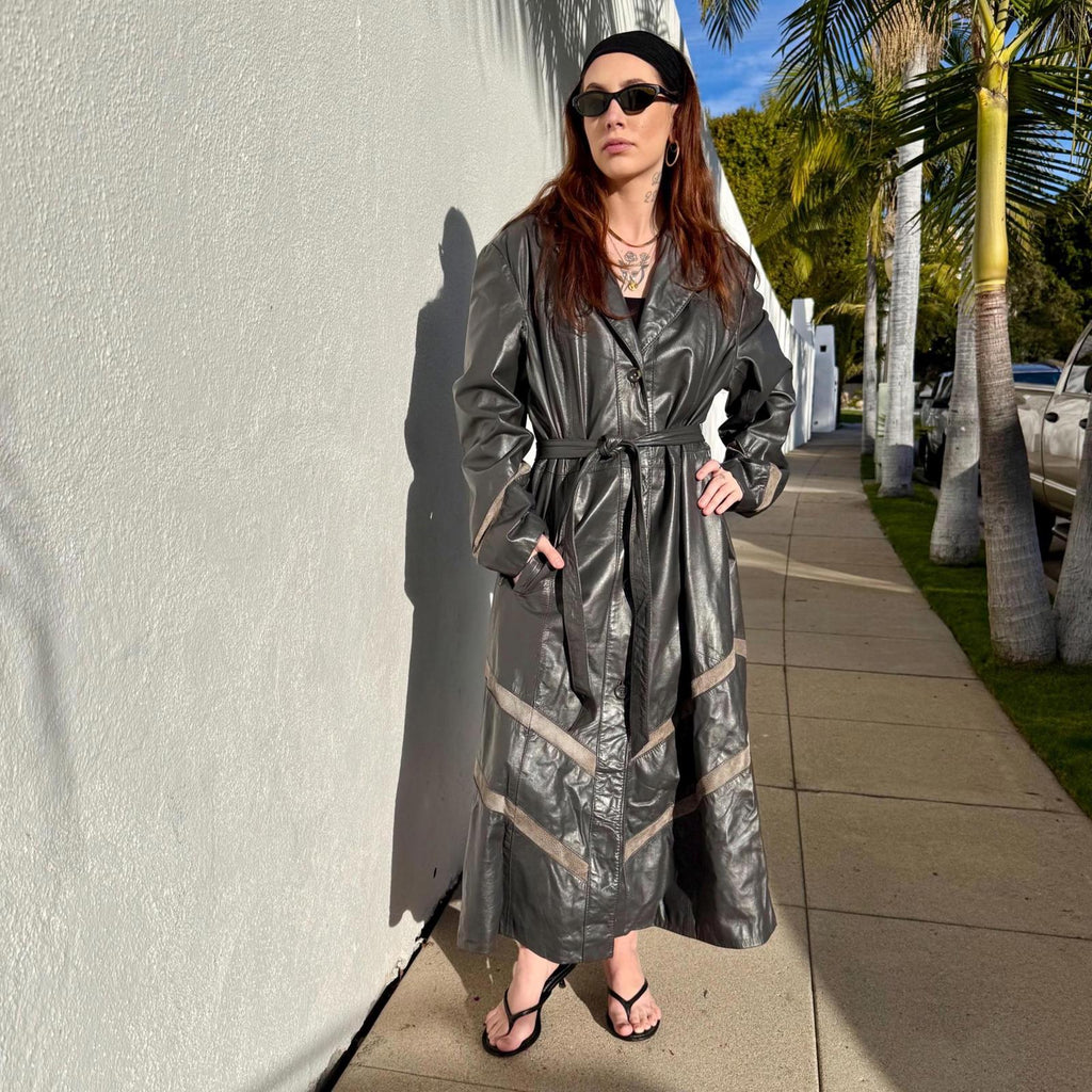 VTG 70s Gray Leather Trench Coat Size XL