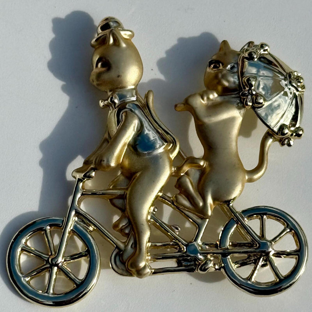 Vintage Brooch Cats Riding Bicycle