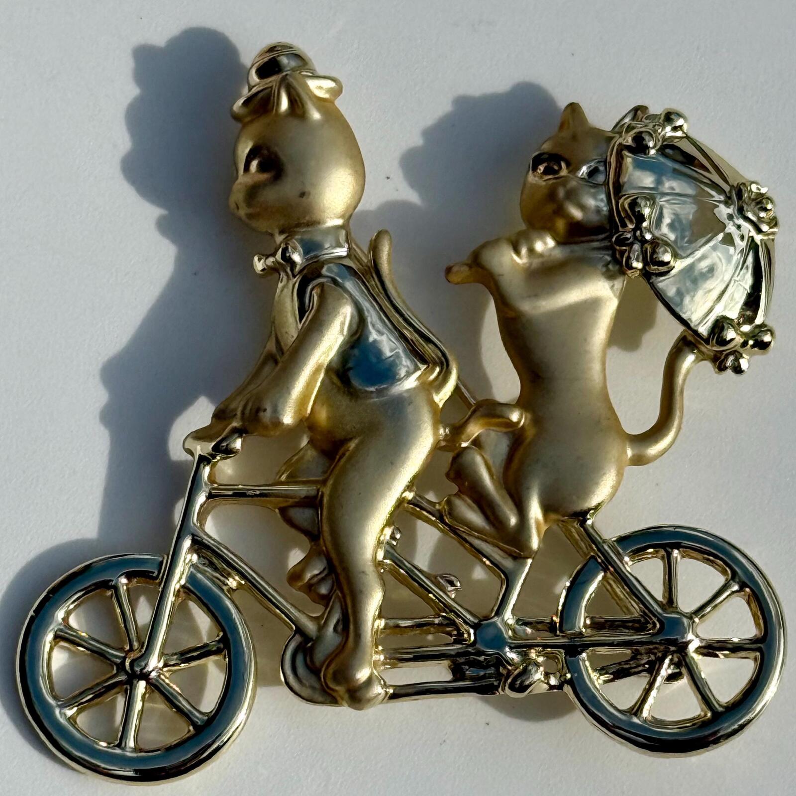 Vintage Brooch Cats Riding Bicycle
