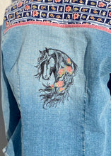 Load image into Gallery viewer, Vintage Denim Jacket with Embroidered Horse on Back

