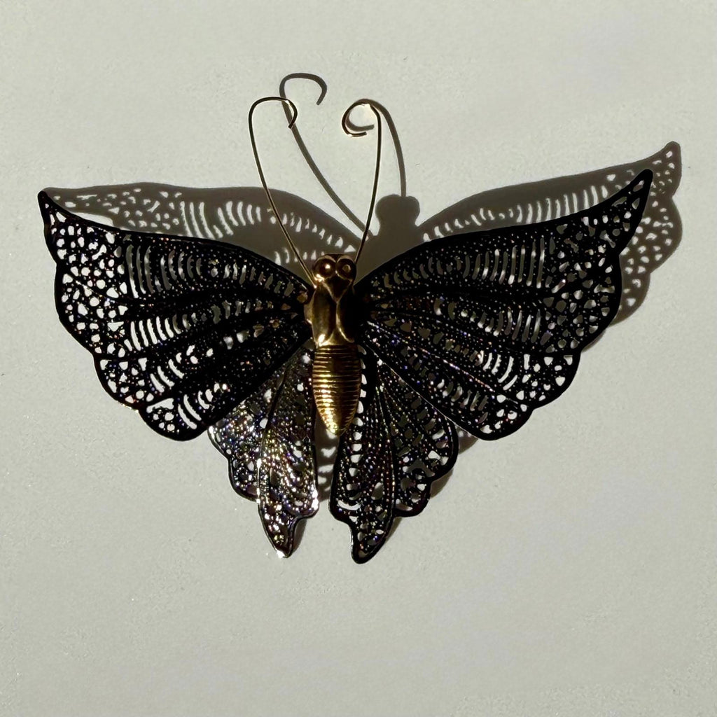 Vintage Black Butterfly Brooch | Gold Tone with Filigree Wings | Vintage Gift