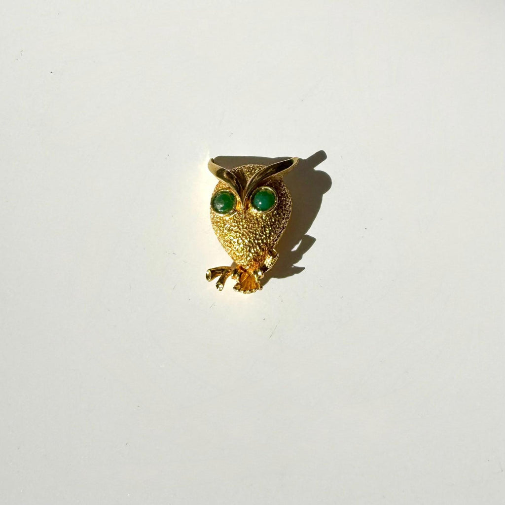 Vintage Owl Brooch | Figural Green Eye Pin | Mid Century Modern Jewelry
