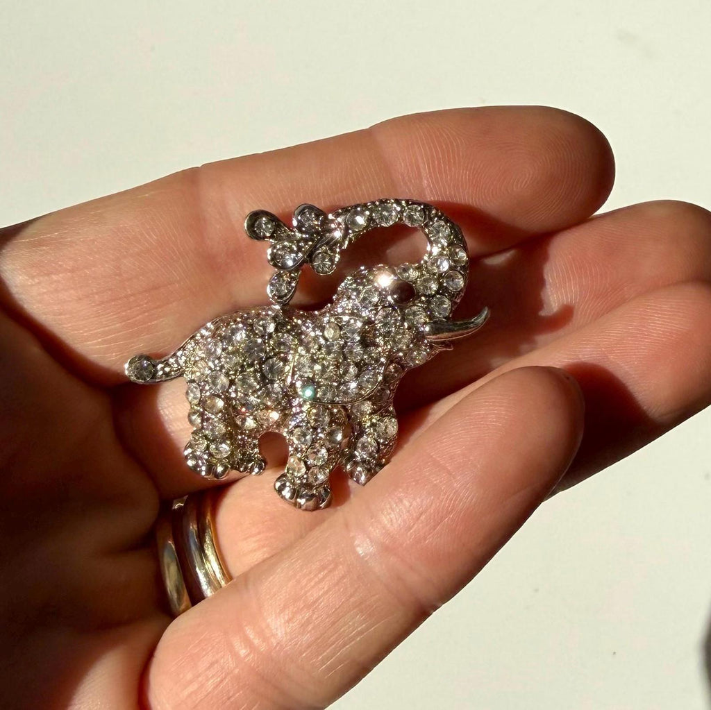 Silver Tone Elephant Brooch | Vintage Rhinestone Lucky Pin