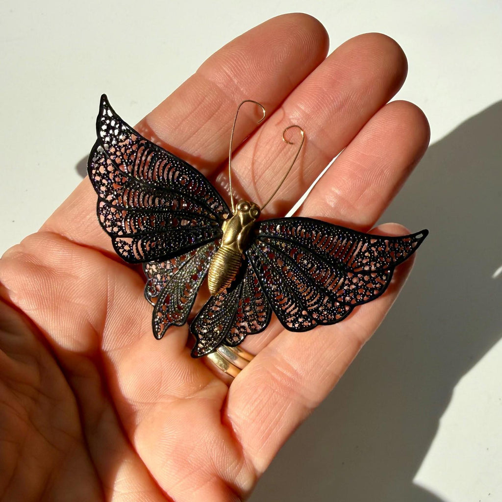Vintage Black Butterfly Brooch | Gold Tone with Filigree Wings | Vintage Gift