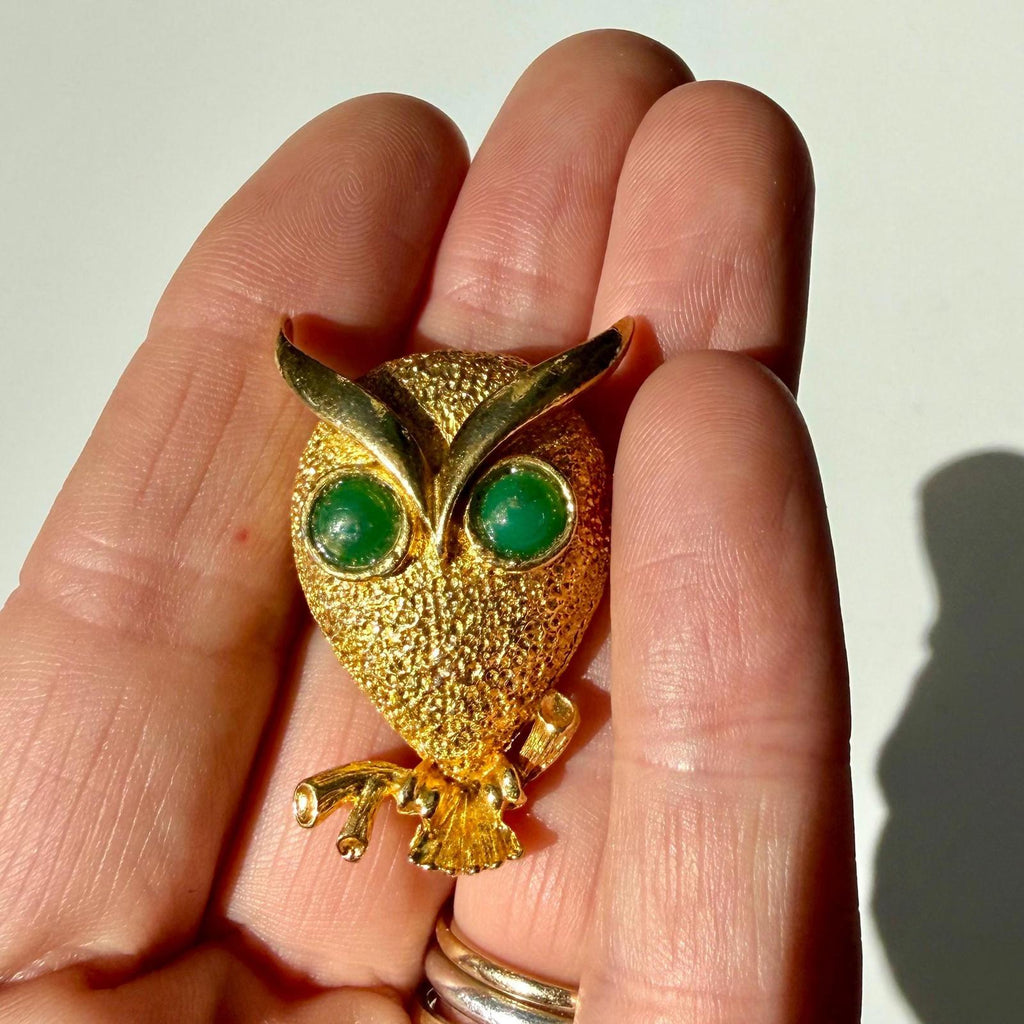 Vintage Owl Brooch | Figural Green Eye Pin | Mid Century Modern Jewelry