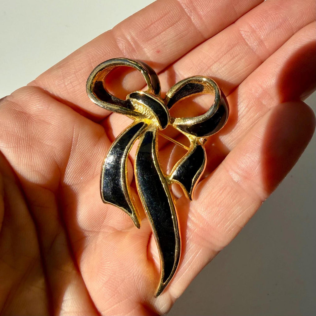 Black & Gold Bow Brooch | Vintage Statement Pin | Elegant Retro Jewelry