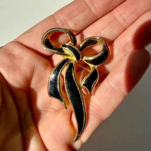 Black & Gold Bow Brooch | Vintage Statement Pin | Elegant Retro Jewelry