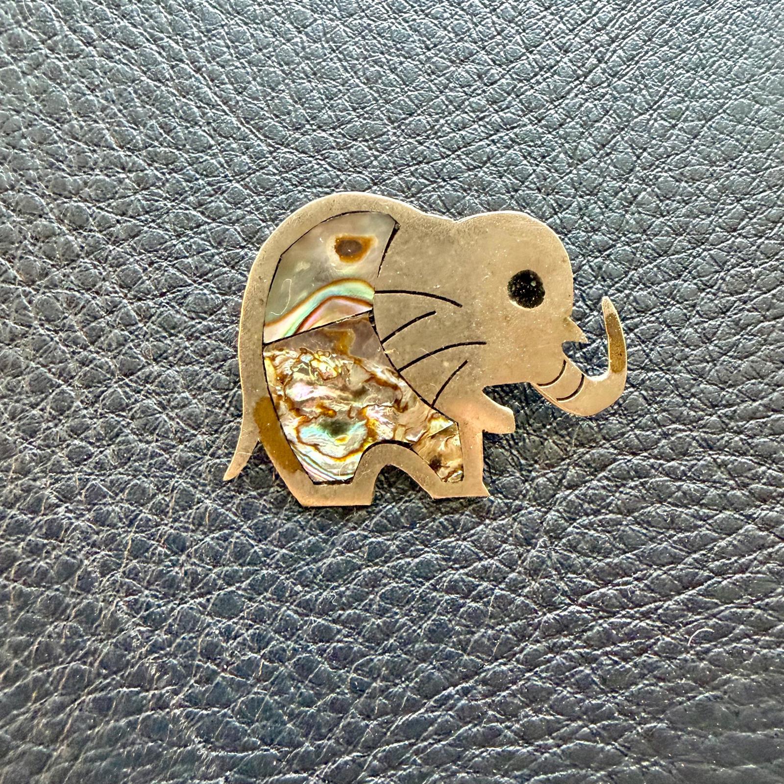 Silver Elephant Brooch | Abalone Inlay Pin | Vintage Artisan Jewelry