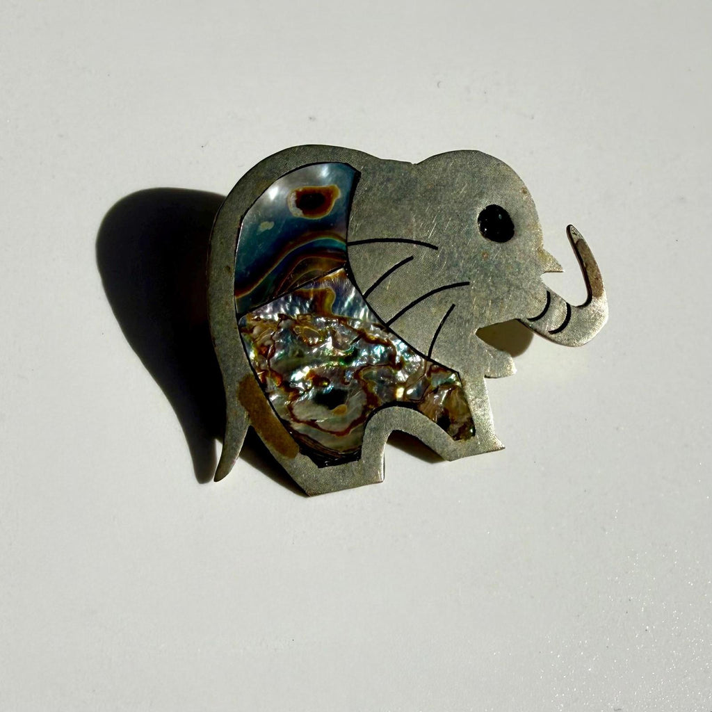 Silver Elephant Brooch | Abalone Inlay Pin | Vintage Artisan Jewelry