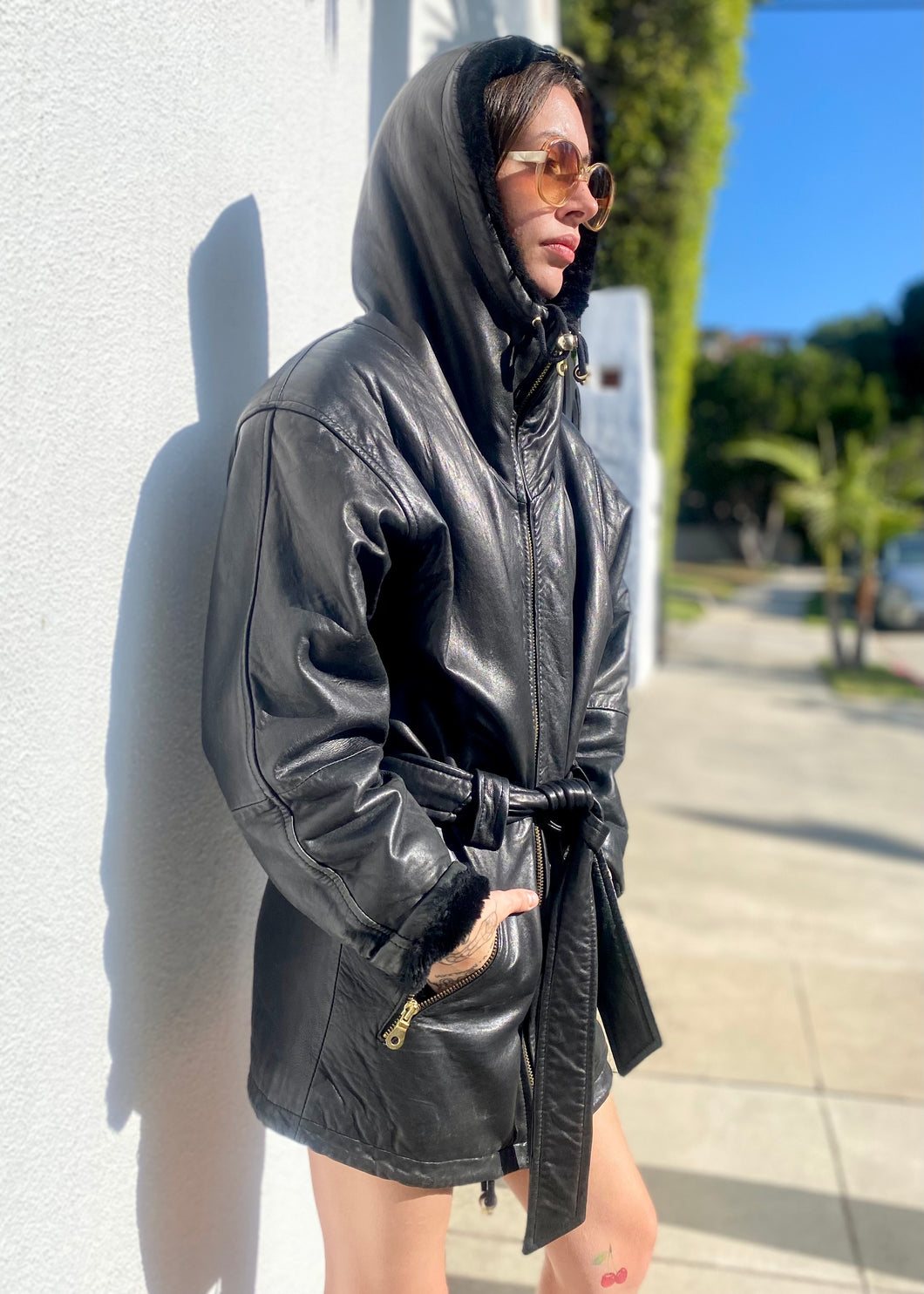 Vintage Black Leather Parka with Hood