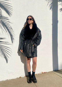 Vintage Black Leather Trench with Fur Trim