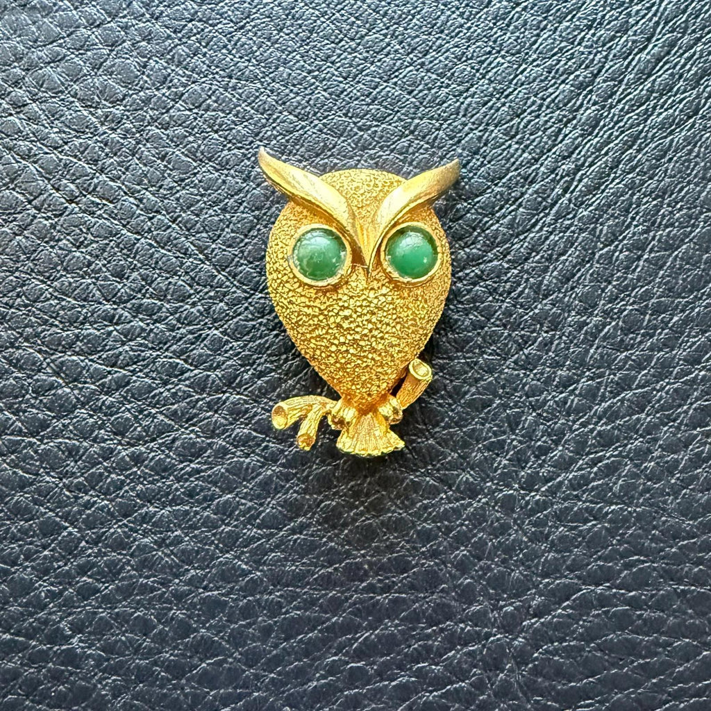 Vintage Owl Brooch | Figural Green Eye Pin | Mid Century Modern Jewelry