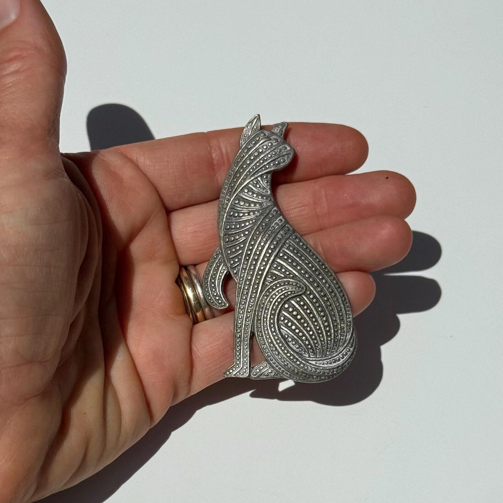 Vintage Cat Brooch | Large Silver Tone Kitten Pin