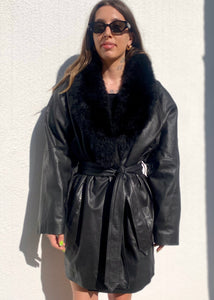 Vintage Black Leather Trench with Fur Trim