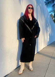 Vintage Long Black Wool and Leather Coat