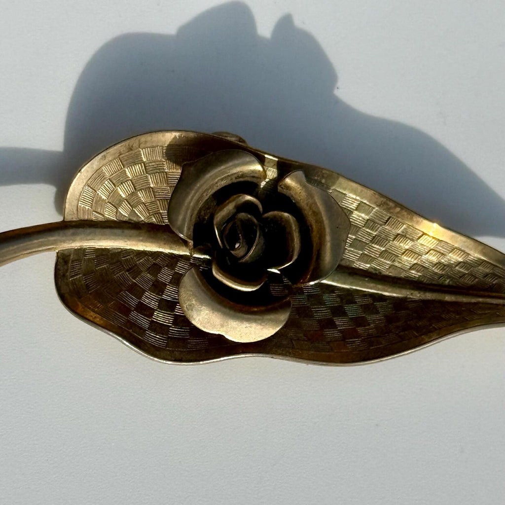 Vintage Leaf Brooch with Rose | Gold Tone Pin