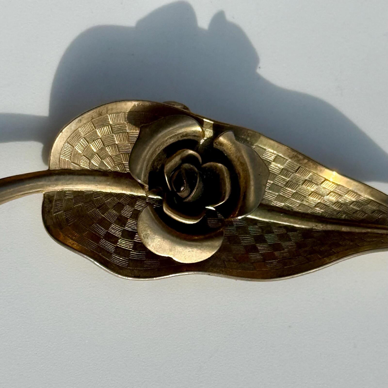 Vintage Leaf Brooch with Rose | Gold Tone Pin