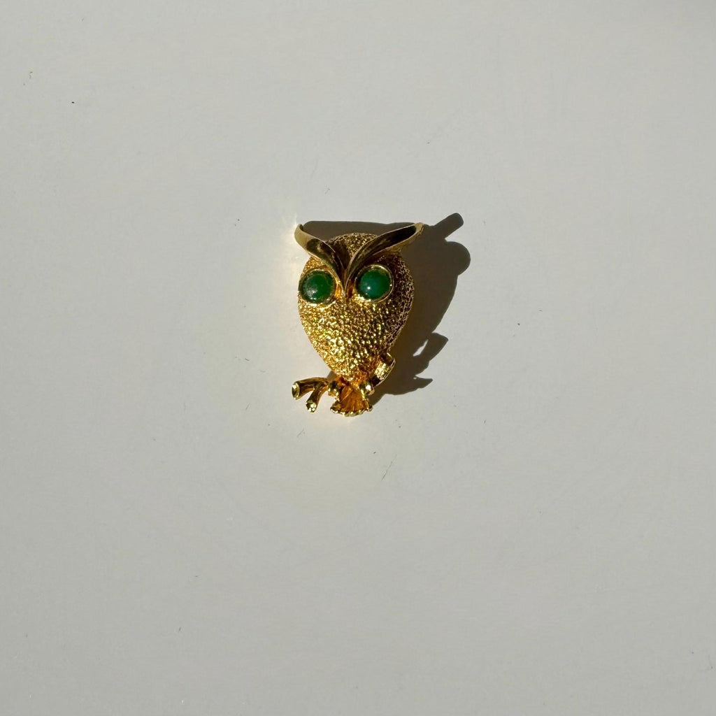 Vintage Owl Brooch | Figural Green Eye Pin | Mid Century Modern Jewelry
