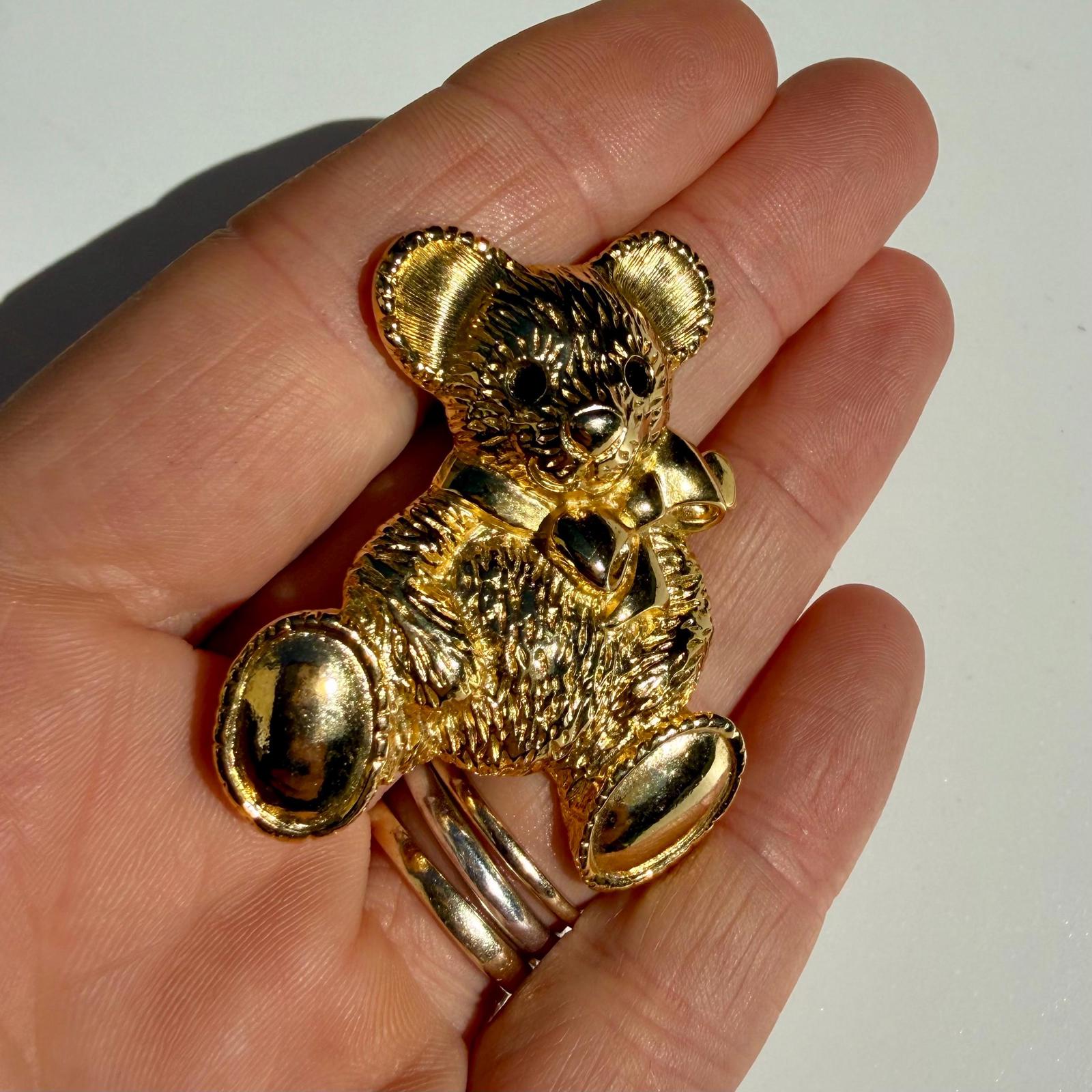 Vintage Teddy Bear Brooch | Gold Tone Bear Pin | Retro Statement Jewelry