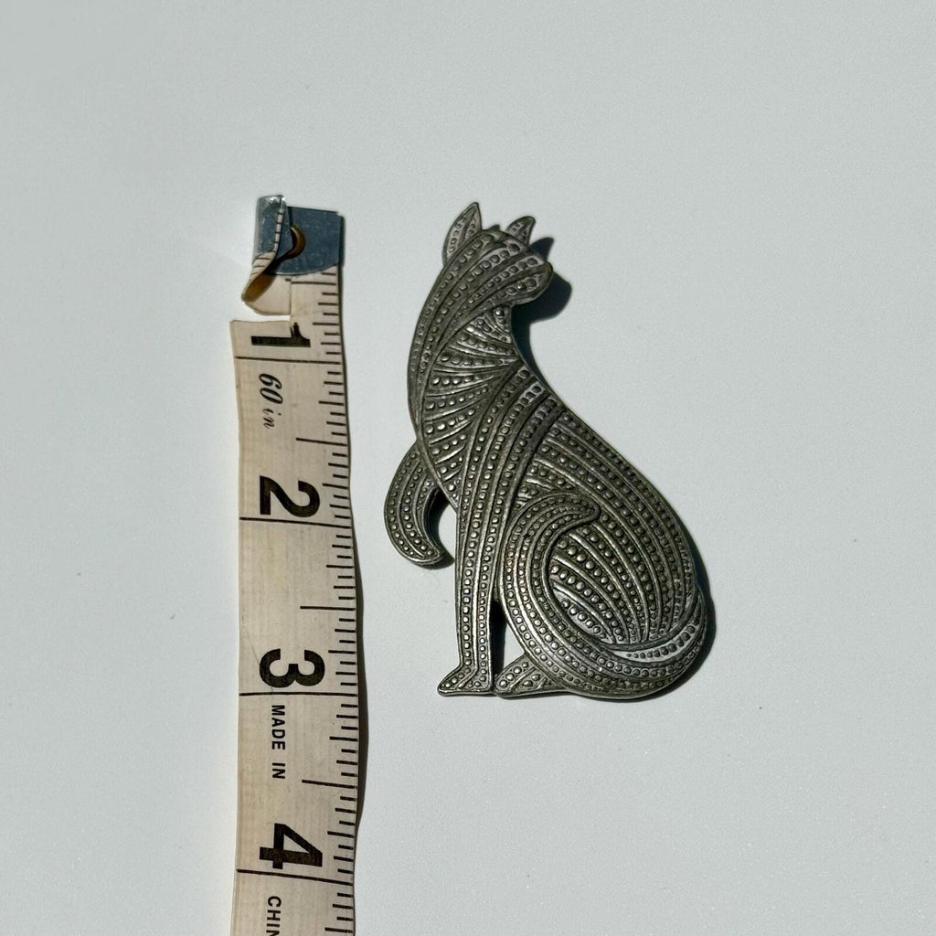 Vintage Cat Brooch | Large Silver Tone Kitten Pin