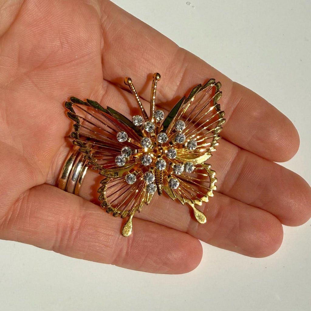 Signed Monet Butterfly Brooch | Gold Tone Rhinestone | Vintage Gift