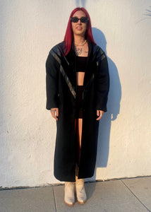 Vintage Long Black Wool and Leather Coat