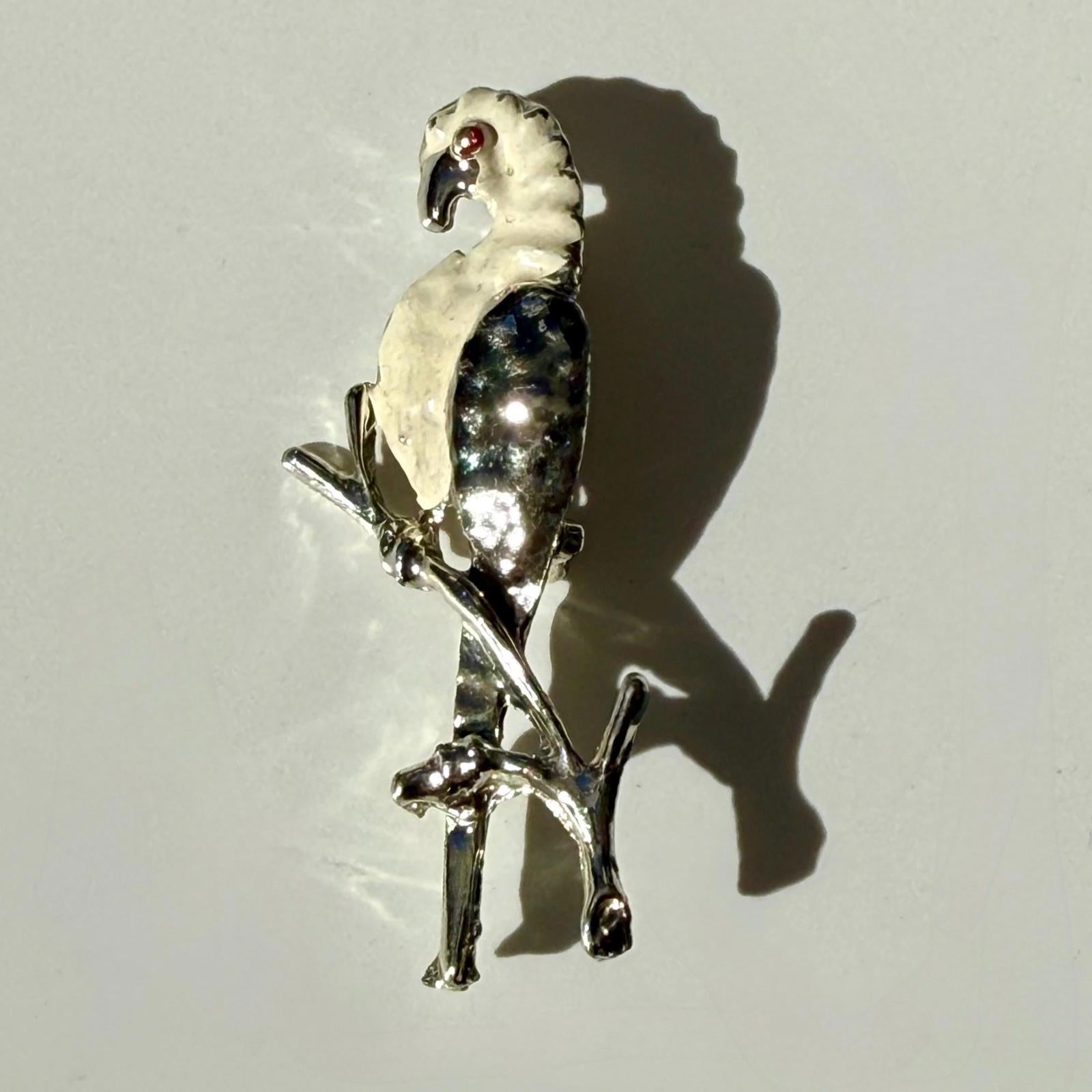 White Parrot Brooch | Vintage Silver Tone Bird Pin | Gift
