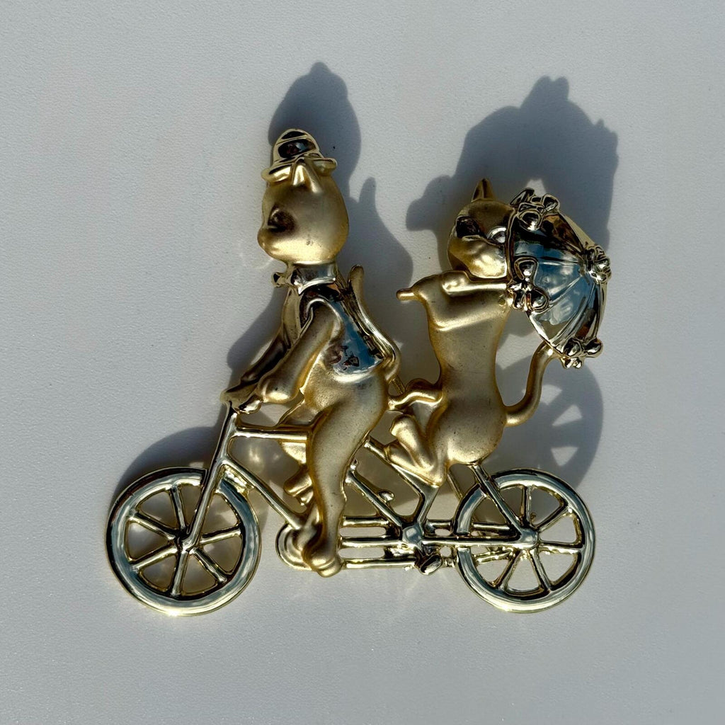 Vintage Brooch Cats Riding Bicycle