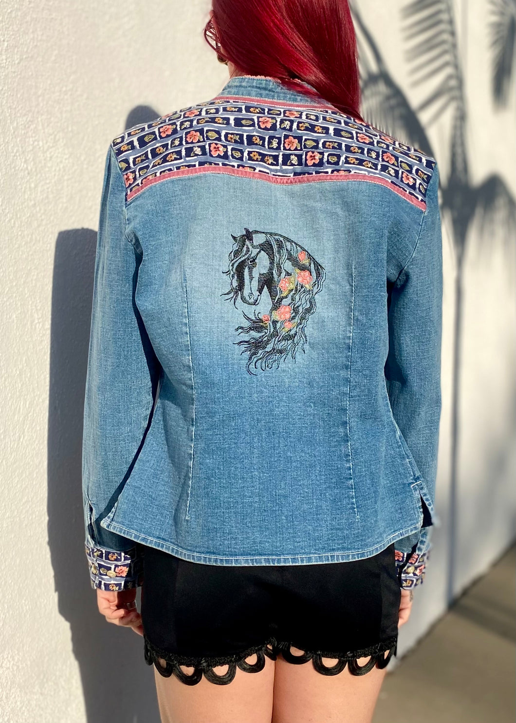 Vintage Denim Jacket with Embroidered Horse on Back
