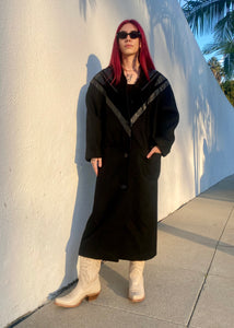 Vintage Long Black Wool and Leather Coat