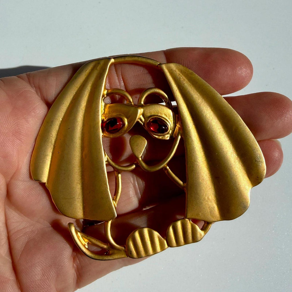 Vtg Dog Brooch Large | Gold Tone Puppy Pin | Art Deco Style Statement Jewelry