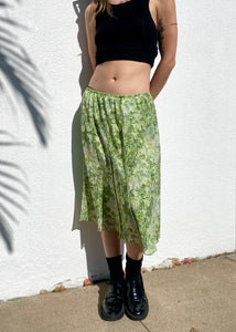 Vintage 90s/Y2K Green Floral Print Midi Skirt