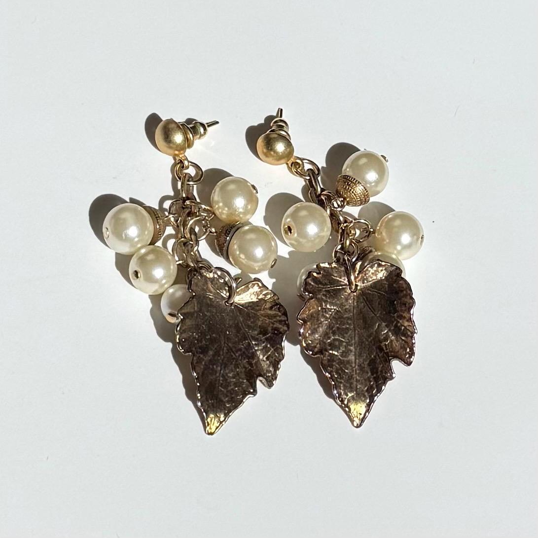 Vintage Pearly Drop Earrings with Leaves