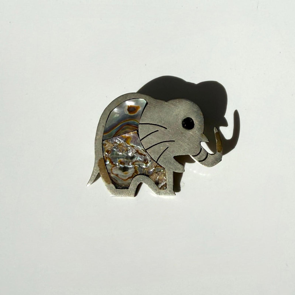 Silver Elephant Brooch | Abalone Inlay Pin | Vintage Artisan Jewelry