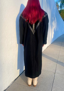 Vintage Long Black Wool and Leather Coat